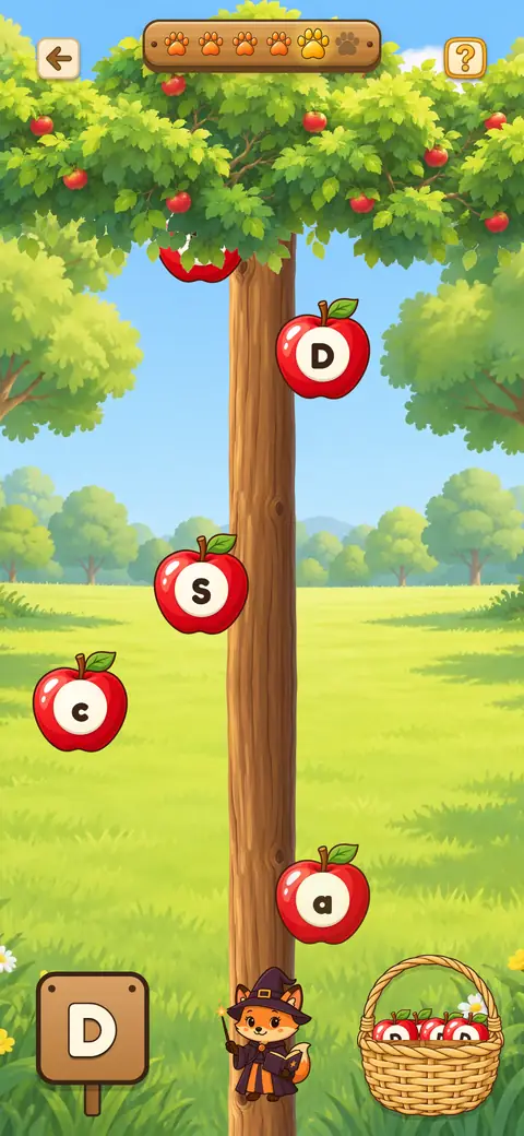 Capture du jeu Attrape la Lettre : des pommes marquées de lettres dans un pommier et un panier