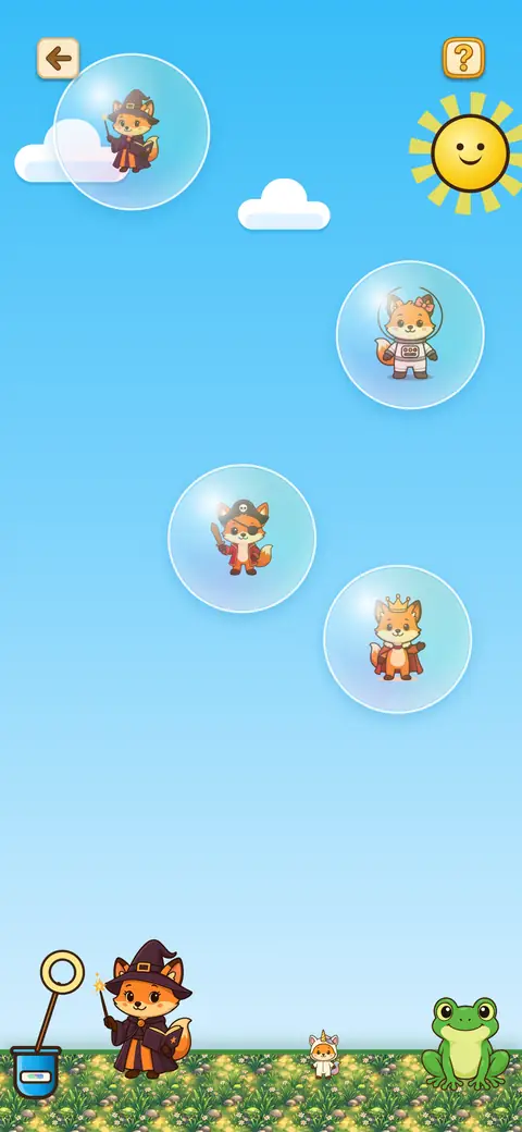 Capture du jeu Bulles : des bulles portant de petits renards dans un ciel bleu