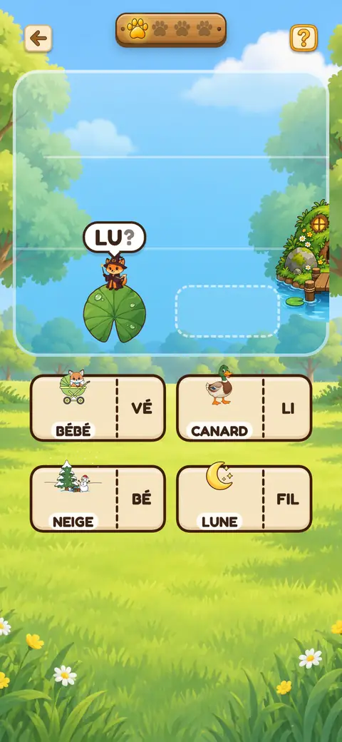Capture du jeu Domino des Syllabes : une syllabe dans une bulle et des dominos illustrés