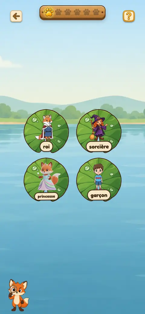 Capture du jeu L’Intrus Savant : quatre nénuphars portant des images, dont un intrus