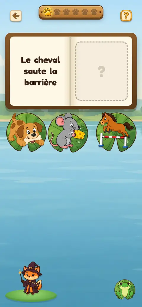 Capture du jeu Lis la Phrase : un livre ouvert sur une phrase et trois images au choix