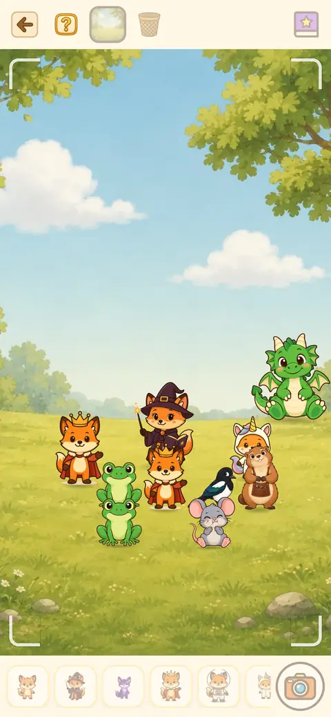 Capture du jeu Photo : des renards costumés posés dans un décor de prairie