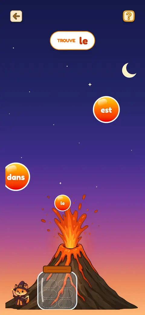 Capture du jeu Le Volcan des Mots : un volcan qui lance des mots et un bocal pour les attraper