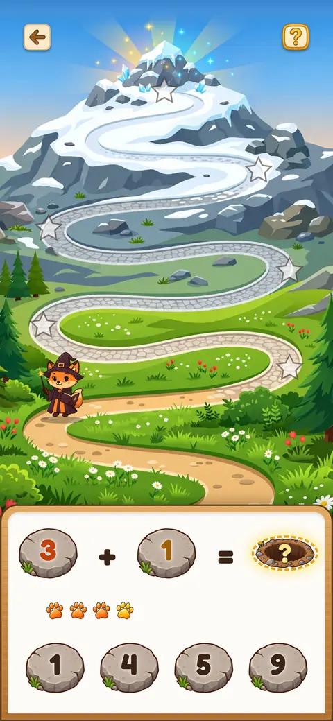 Capture du jeu L’Ascension du Renard : un calcul à compléter au pied d’une montagne