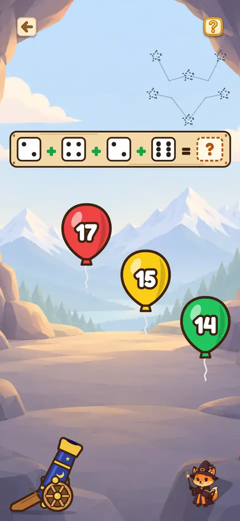 Capture du jeu Canon Expert : un calcul aux dés et des ballons numérotés