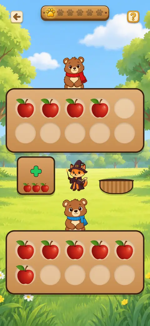 Capture du jeu Comparaison : deux oursons et leurs tas de fruits à comparer