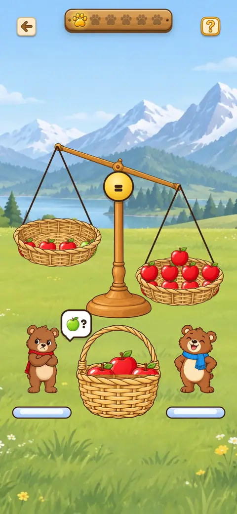 Capture du jeu La Balance : deux paniers de pommes sur une balance et deux oursons