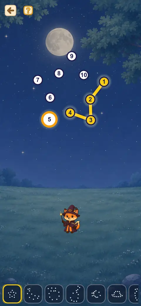 Capture du jeu Point à Point : des étoiles numérotées à relier dans le ciel de nuit