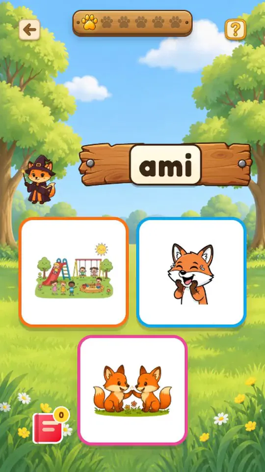 Trois mini-jeux du Renard Astucieux : lire un mot, compter des dés, compléter un collier